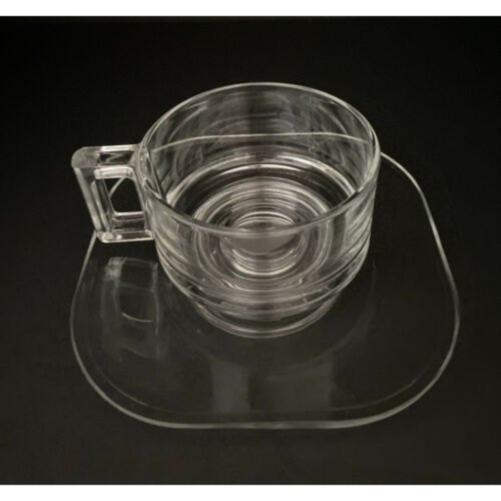 ARNO ITALY JOE COLOMBO CLEAR GLASS SQUARE HANDLE 2 1/4" CUP & SAUCER SET